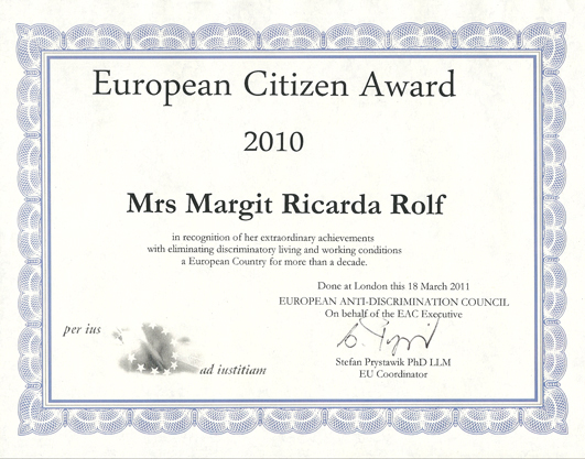 Auszeichnung für Margit Ricarda Rolf - 2010 Urkunde-MRR-European-Citizen-Award